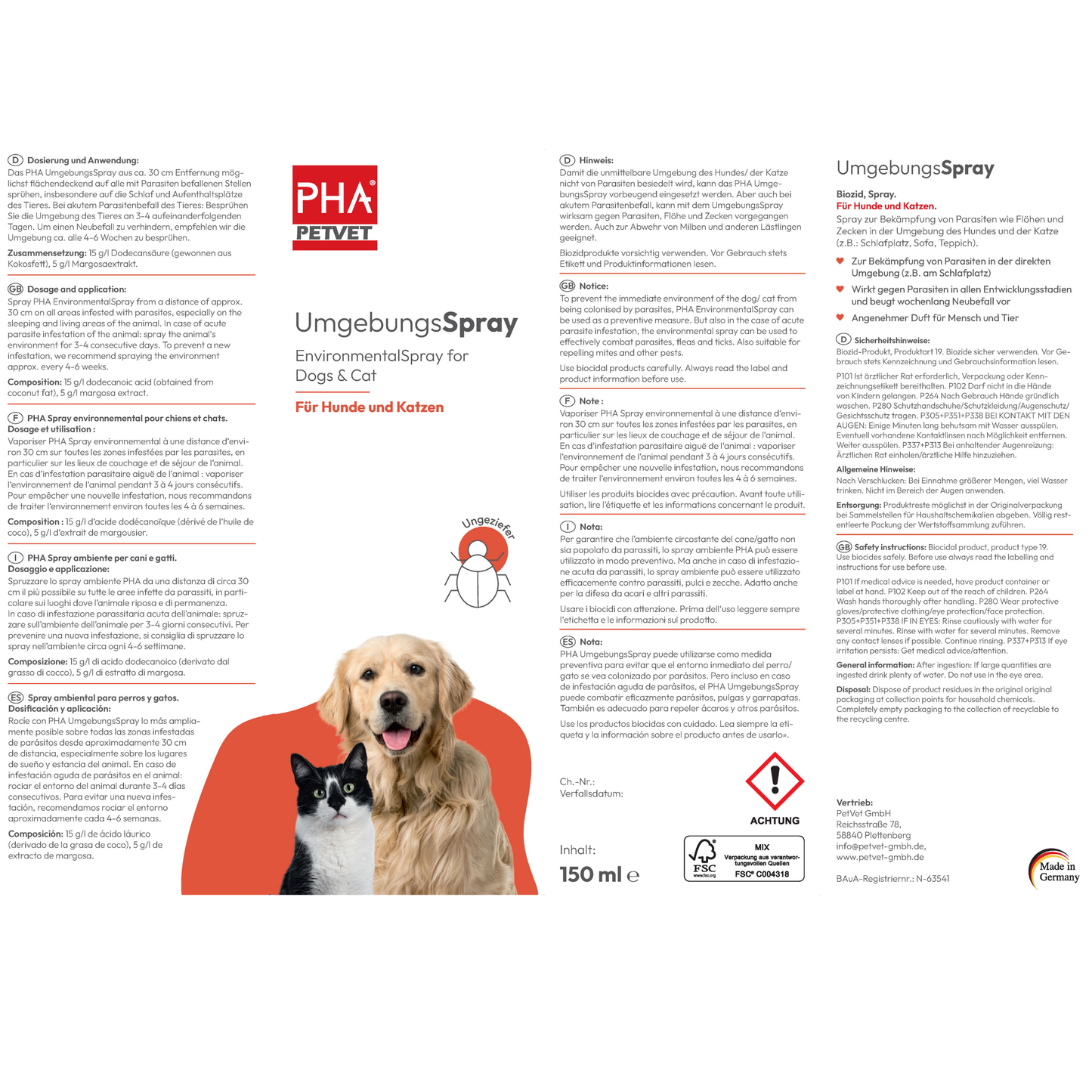 PHA UmgebungsSpray für Hunde u. Katzen 150 ml